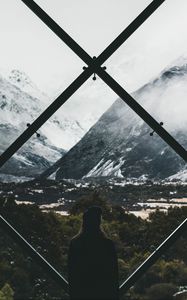 Preview wallpaper silhouette, window, mountains, view, landscape