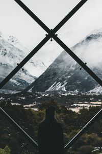 Preview wallpaper silhouette, window, mountains, view, landscape
