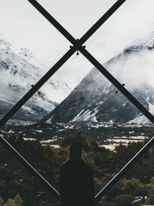Preview wallpaper silhouette, window, mountains, view, landscape