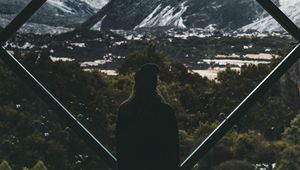 Preview wallpaper silhouette, window, mountains, view, landscape