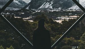 Preview wallpaper silhouette, window, mountains, view, landscape