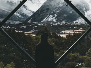 Preview wallpaper silhouette, window, mountains, view, landscape