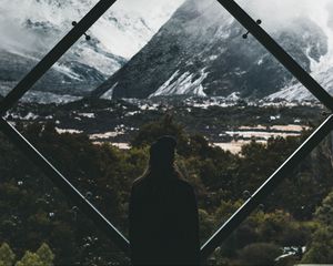 Preview wallpaper silhouette, window, mountains, view, landscape