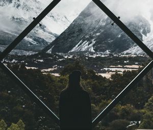 Preview wallpaper silhouette, window, mountains, view, landscape