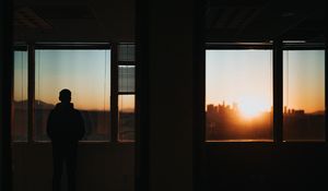 Preview wallpaper silhouette, window, sunset, loneliness, solitude