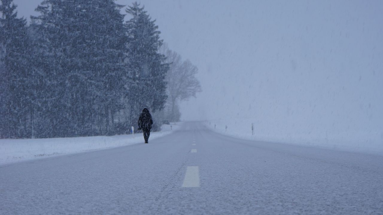 Wallpaper silhouette, winter, fog, snowstorm, snowfall, road