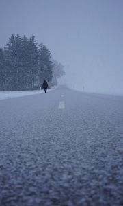 Preview wallpaper silhouette, winter, fog, snowstorm, snowfall, road