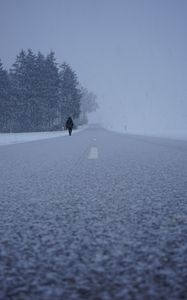 Preview wallpaper silhouette, winter, fog, snowstorm, snowfall, road