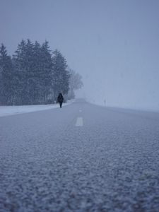 Preview wallpaper silhouette, winter, fog, snowstorm, snowfall, road