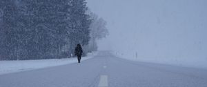 Preview wallpaper silhouette, winter, fog, snowstorm, snowfall, road