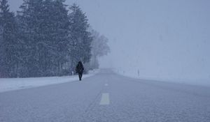 Preview wallpaper silhouette, winter, fog, snowstorm, snowfall, road