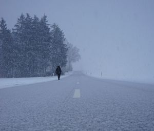 Preview wallpaper silhouette, winter, fog, snowstorm, snowfall, road