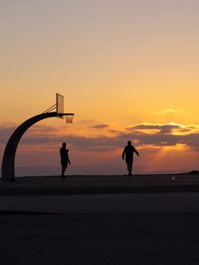 Preview wallpaper silhouettes, basketball hoop, basketball, sport, sunset