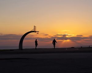 Preview wallpaper silhouettes, basketball hoop, basketball, sport, sunset