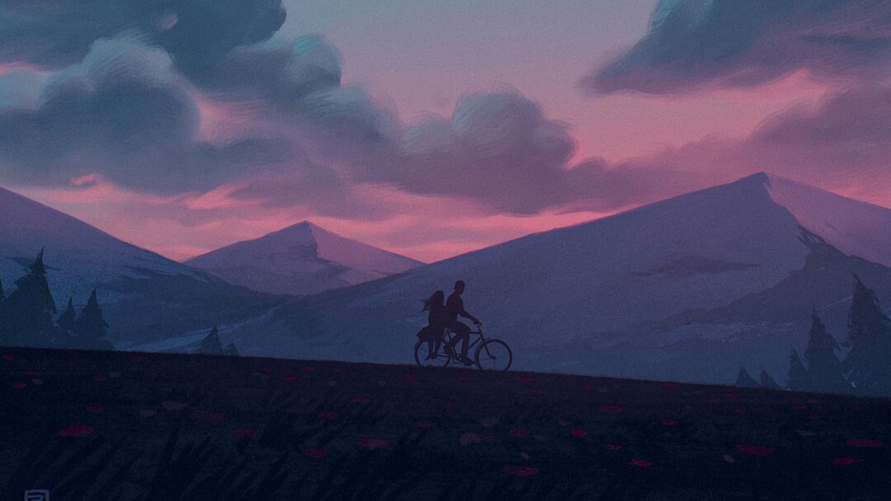 Wallpaper silhouettes, bike, night, mountains, art