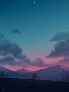 Preview wallpaper silhouettes, bike, night, mountains, art