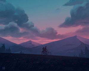 Preview wallpaper silhouettes, bike, night, mountains, art