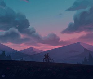 Preview wallpaper silhouettes, bike, night, mountains, art