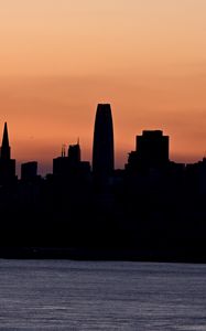 Preview wallpaper silhouettes, buildings, city, river, evening