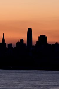 Preview wallpaper silhouettes, buildings, city, river, evening