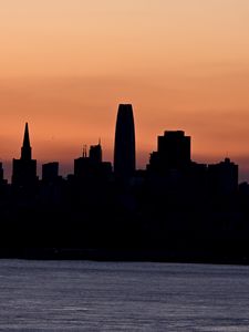 Preview wallpaper silhouettes, buildings, city, river, evening