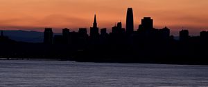 Preview wallpaper silhouettes, buildings, city, river, evening