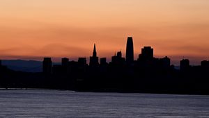 Preview wallpaper silhouettes, buildings, city, river, evening