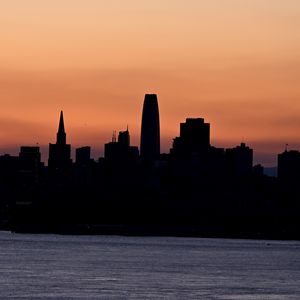 Preview wallpaper silhouettes, buildings, city, river, evening