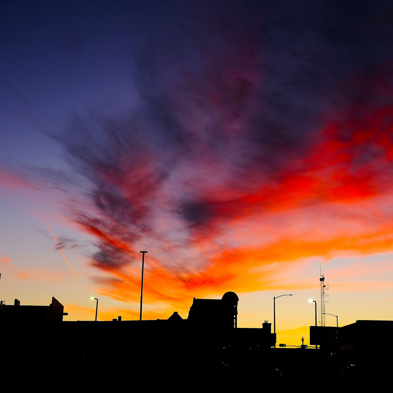 1280x1280 Wallpaper silhouettes, city, buildings, clouds, colorful, sunset, sky, dark