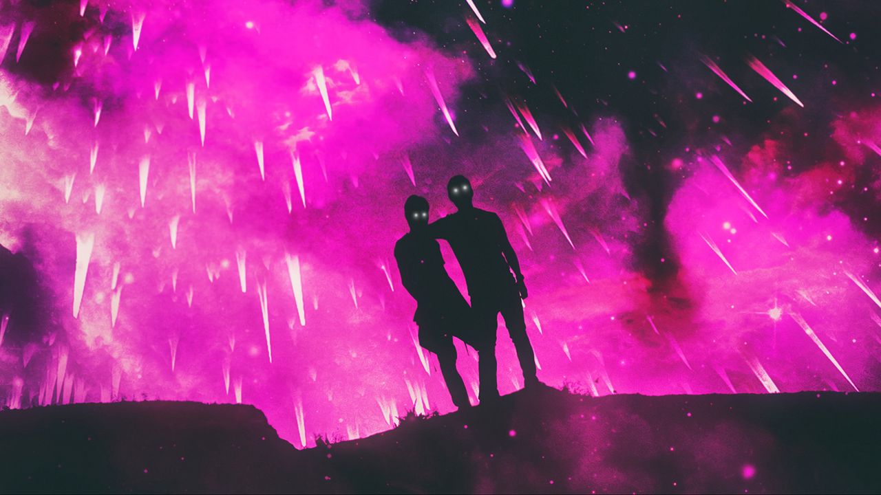 Wallpaper silhouettes, cosmos, glitter, pink