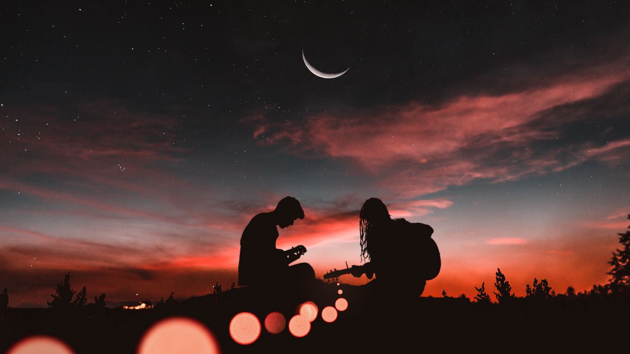 Wallpaper silhouettes, couple, guitar, sunset, romance, starry sky