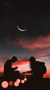 Preview wallpaper silhouettes, couple, guitar, sunset, romance, starry sky