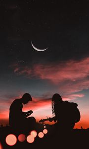 Preview wallpaper silhouettes, couple, guitar, sunset, romance, starry sky