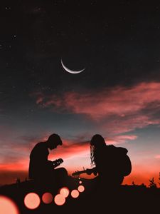 Preview wallpaper silhouettes, couple, guitar, sunset, romance, starry sky