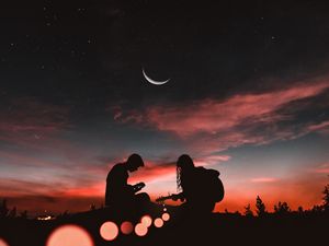 Preview wallpaper silhouettes, couple, guitar, sunset, romance, starry sky