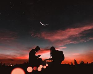 Preview wallpaper silhouettes, couple, guitar, sunset, romance, starry sky