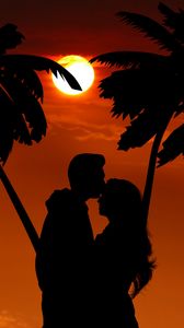 Preview wallpaper silhouettes, couple, hug, palm, night, romance
