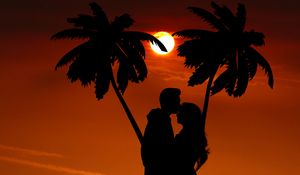 Preview wallpaper silhouettes, couple, hug, palm, night, romance