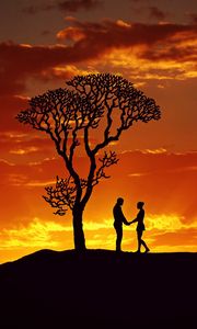 Preview wallpaper silhouettes, couple, love, sunset, tree