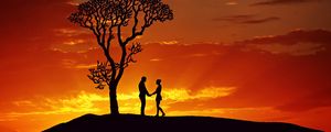 Preview wallpaper silhouettes, couple, love, sunset, tree