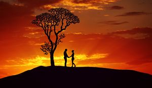 Preview wallpaper silhouettes, couple, love, sunset, tree