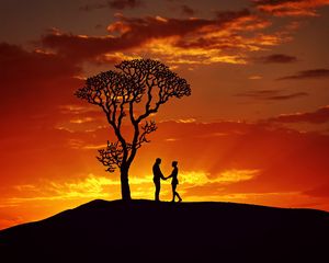 Preview wallpaper silhouettes, couple, love, sunset, tree