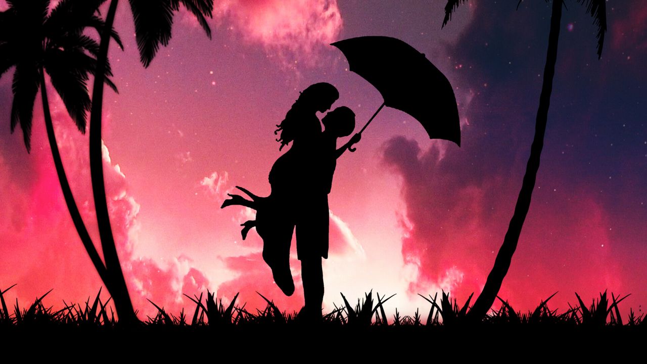 Wallpaper silhouettes, couple, love, romance, hugs, palm trees, dark