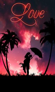 Preview wallpaper silhouettes, couple, love, romance, hugs, palm trees, dark