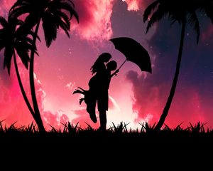 Preview wallpaper silhouettes, couple, love, romance, hugs, palm trees, dark