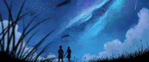 Preview wallpaper silhouettes, couple, starry sky, brilliance, art