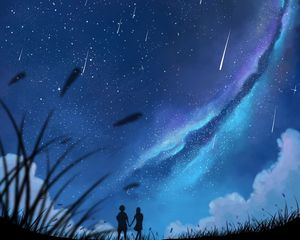 Preview wallpaper silhouettes, couple, starry sky, brilliance, art