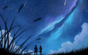 Preview wallpaper silhouettes, couple, stars, grass, art
