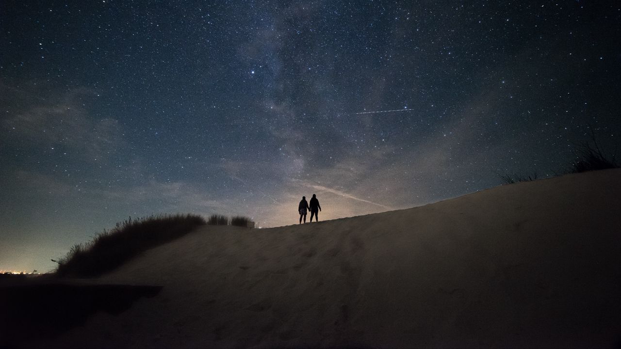 Wallpaper silhouettes, dark, night, hill, starry sky