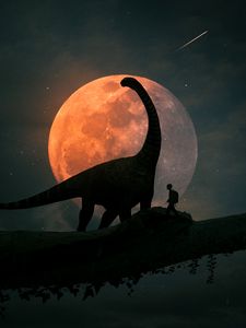 Preview wallpaper silhouettes, dinosaur, planet, photoshop, art